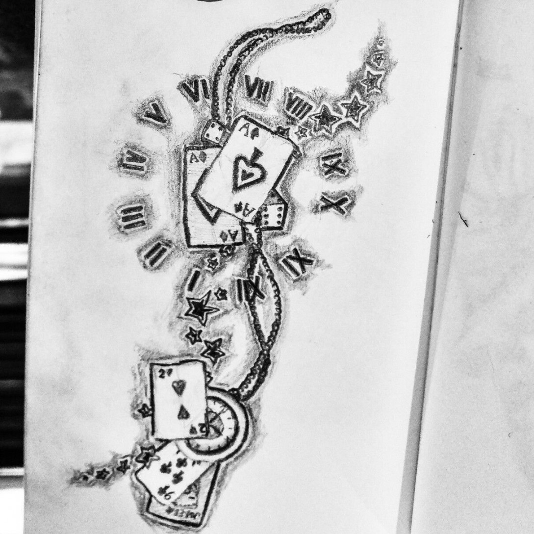 Clocks cards poker Dice tattoo design concept drawing  Poker