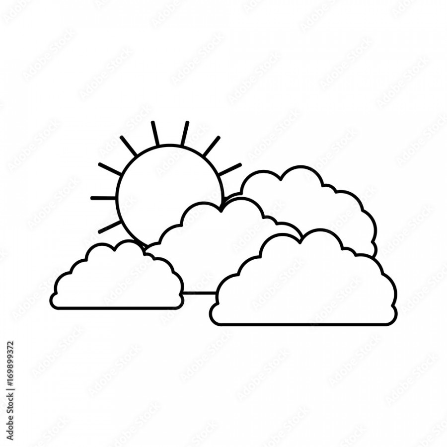 clouds with sun in sketch silhouette on white background Stock