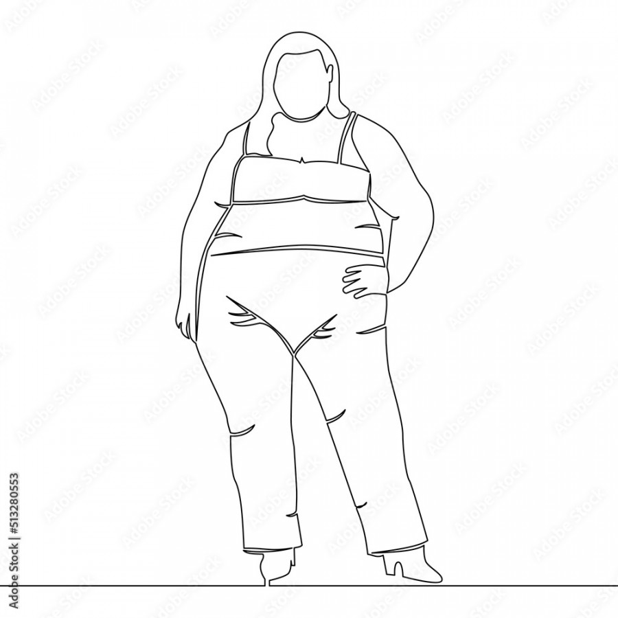 Continuous line drawing overweight female body positive fat woman