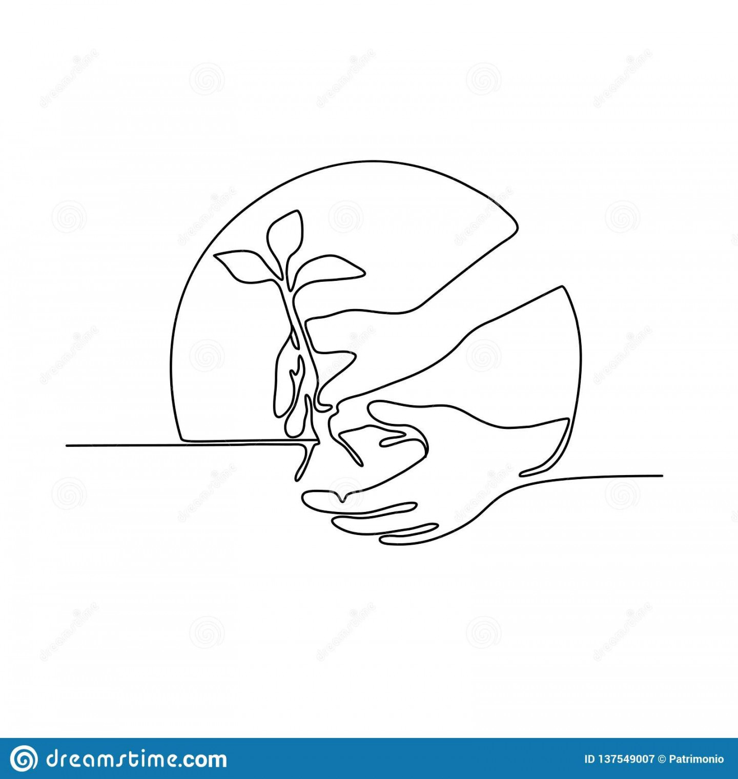 Continuous line illustration of a hand planting a tree seedling