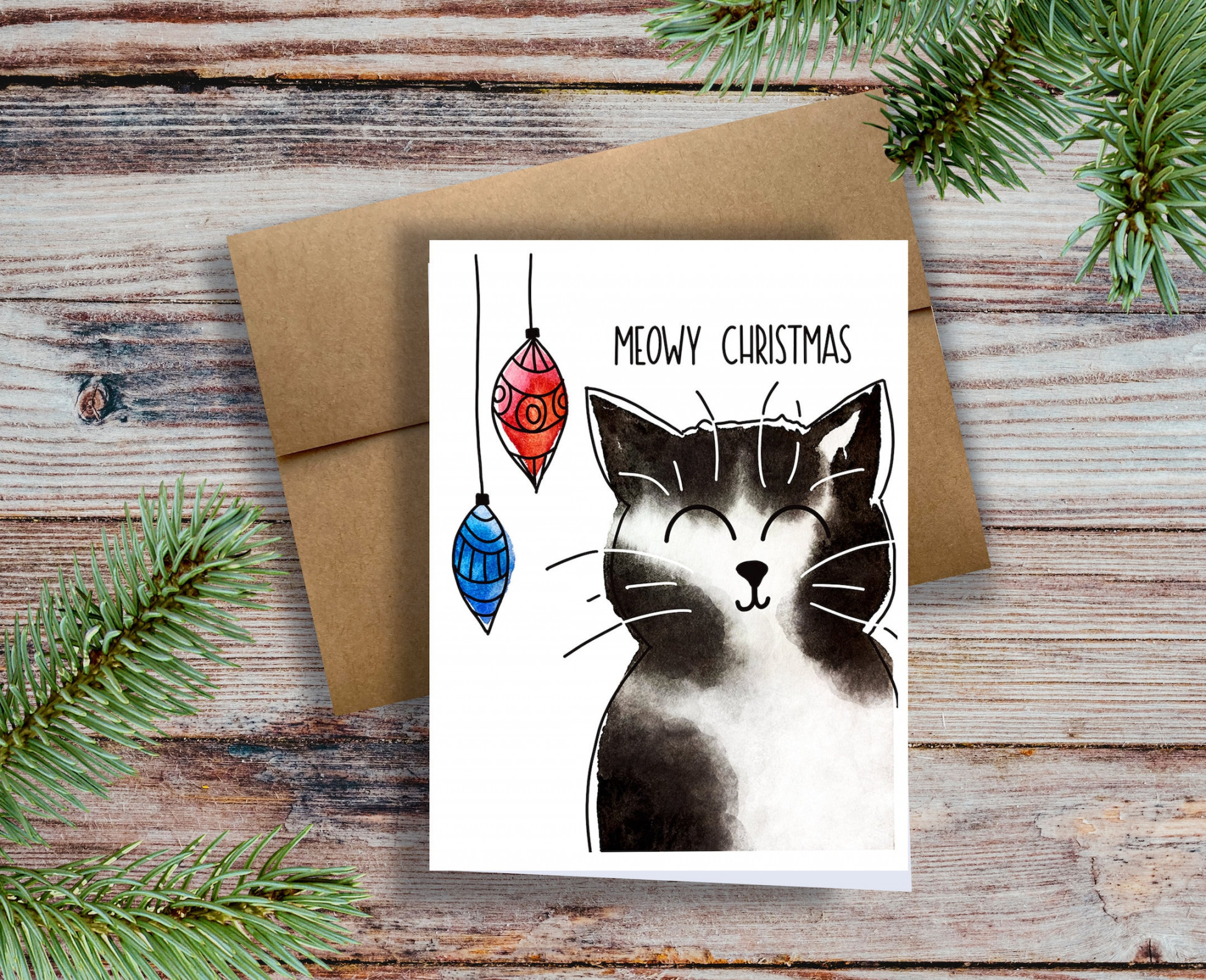 Cute Cat Christmas Card  black and white cat card  funny cat christmas  card  hand painted christmas cards  painted cat card  handmade