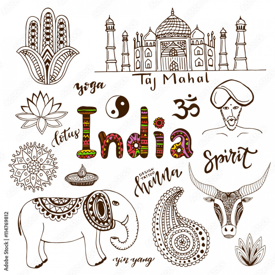 Doodle hand drawn collection of India icons