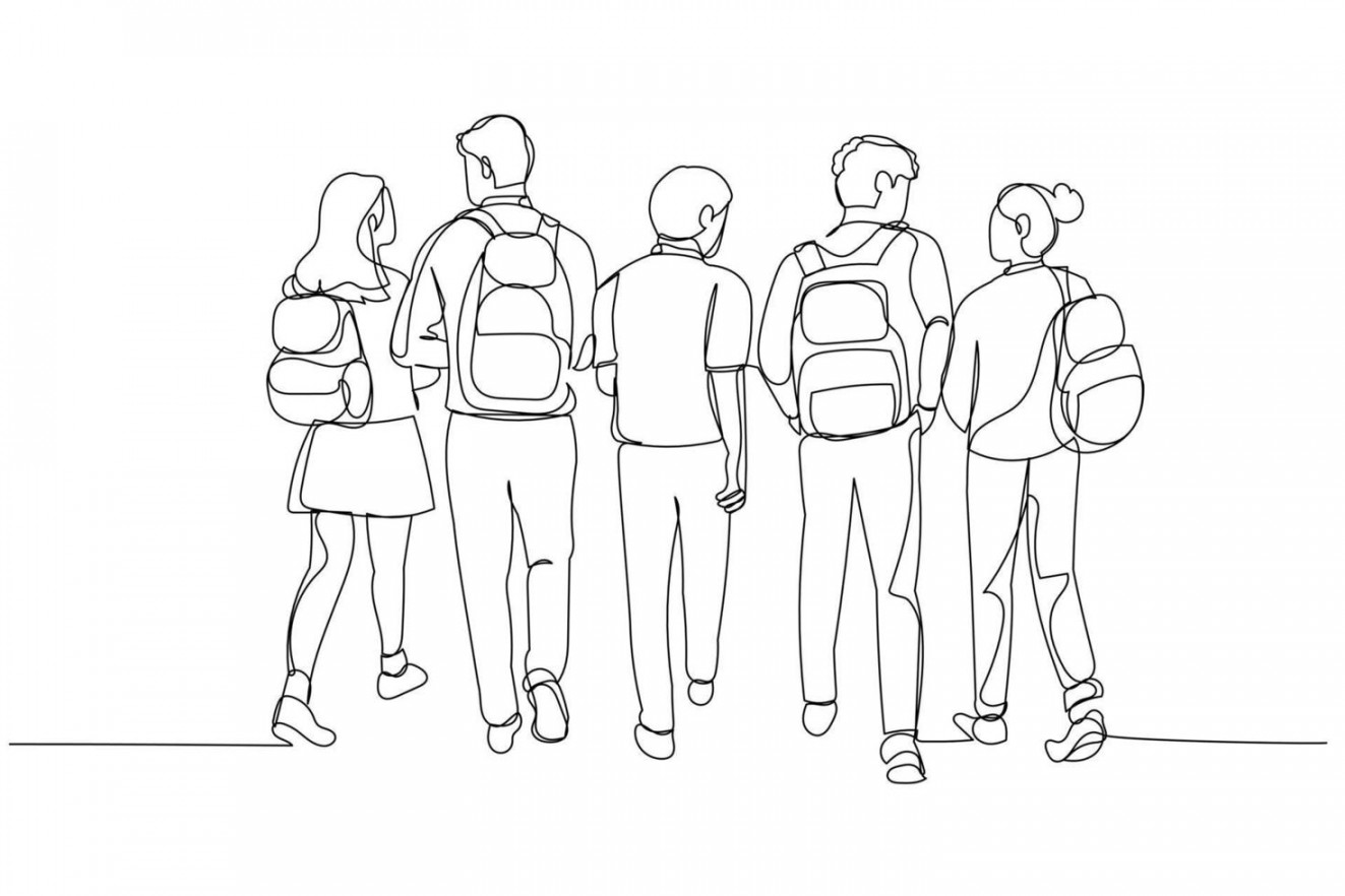 Drawing of group of students walking to school happy