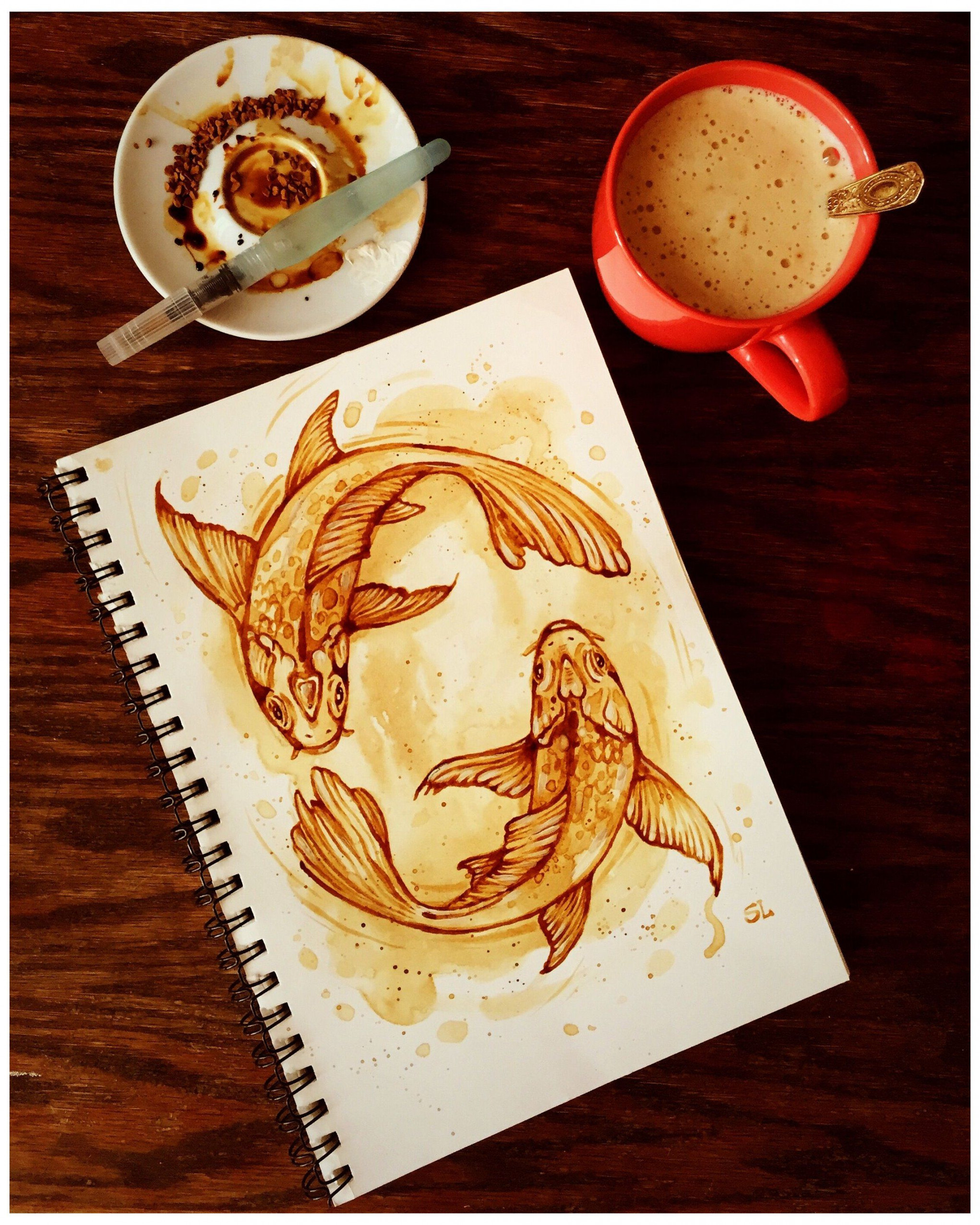 drawing #with #coffee #paintings Coffe painting , koi  Coffee art