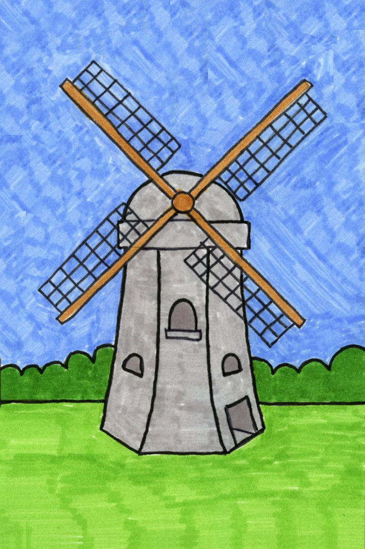 Easy How to Draw a Windmill Tutorial and Windmill Coloring Page