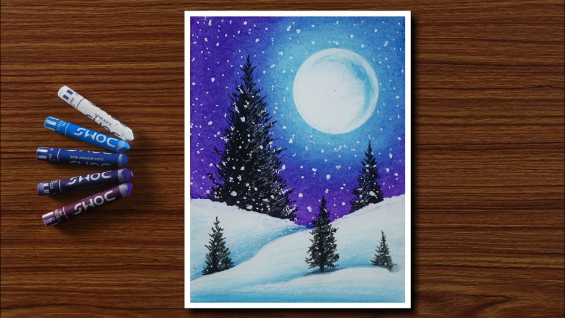 Easy Winter Snowfall Scenery Drawing for Beginners with Oil Pastels - Step  by Step