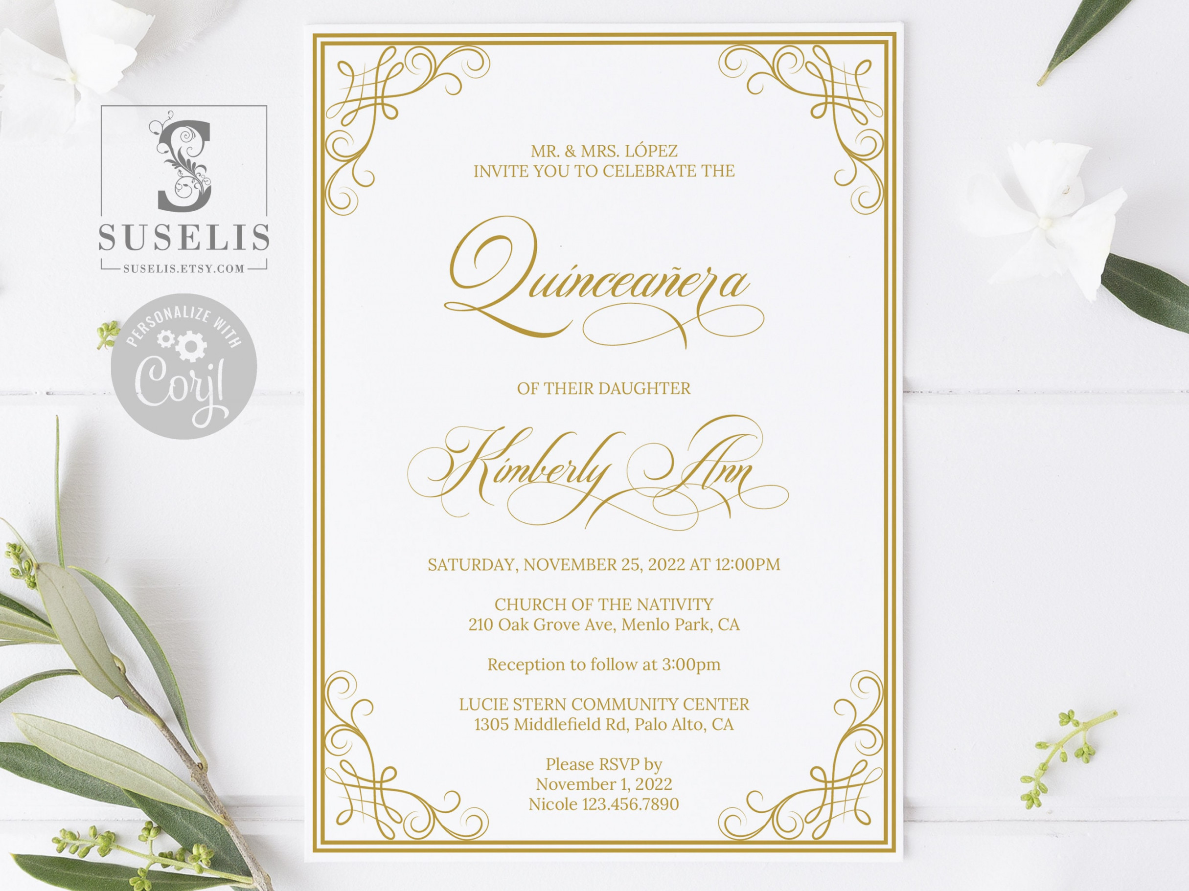 EDITABLE Quinceanera Invitation Template Gold Ornaments - Etsy
