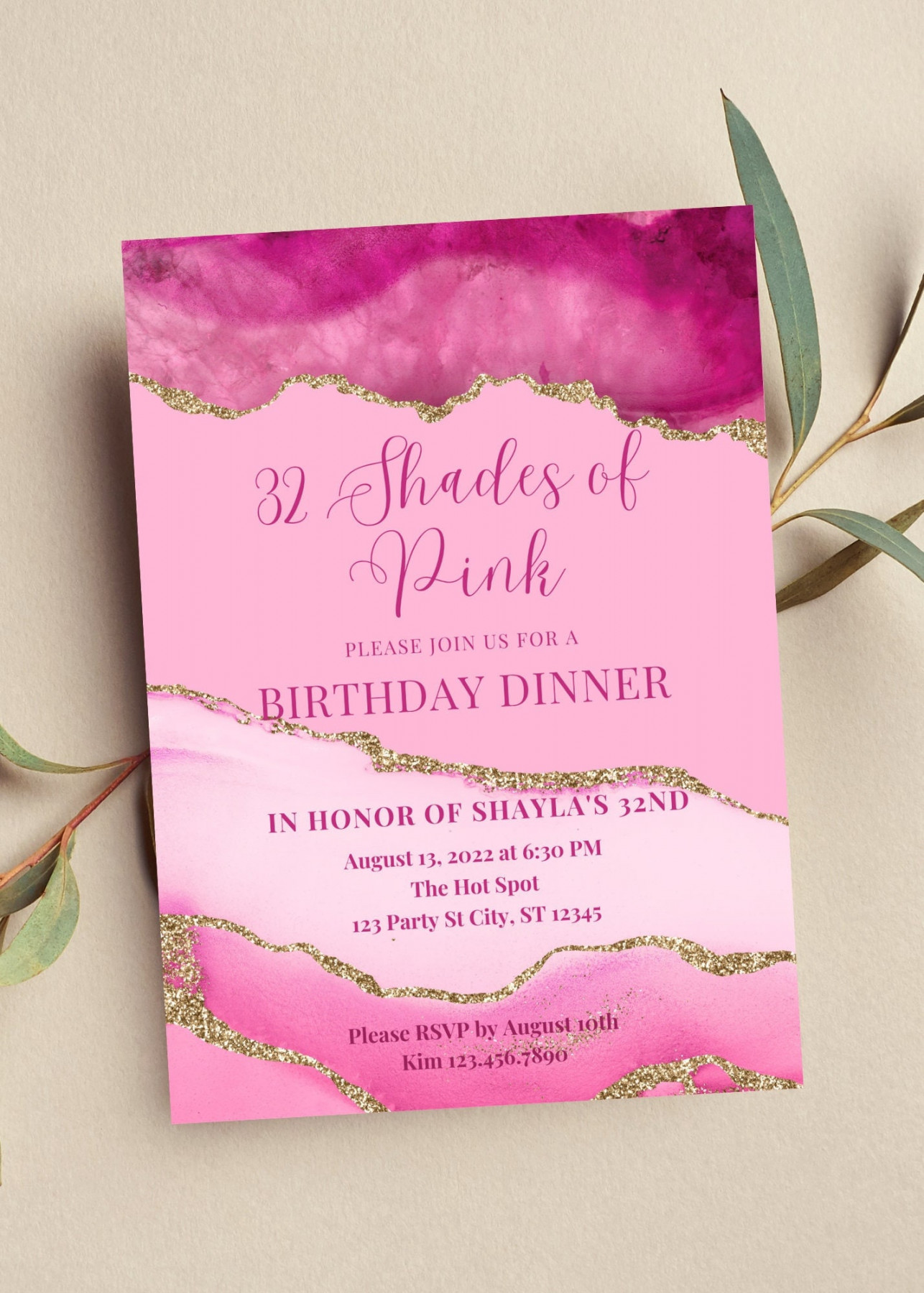 Editable Shades of Pink Invitation Agate Birthday Dinner - Etsy