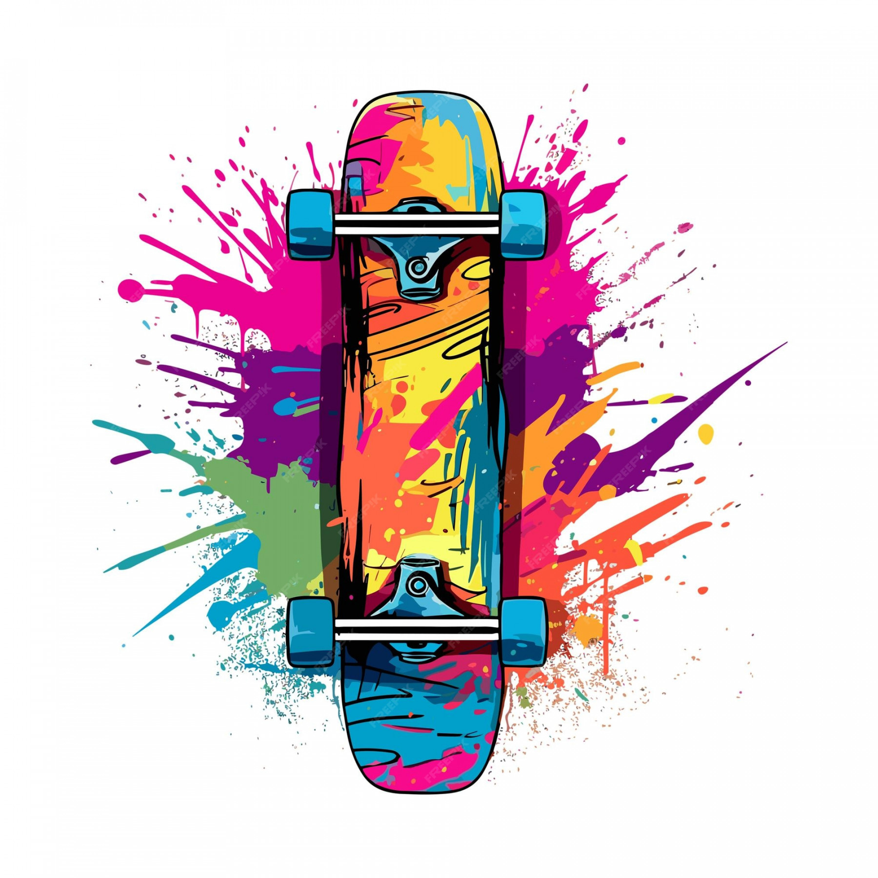 Ein skateboard mit bunten farbspritzern im graffiti-stil