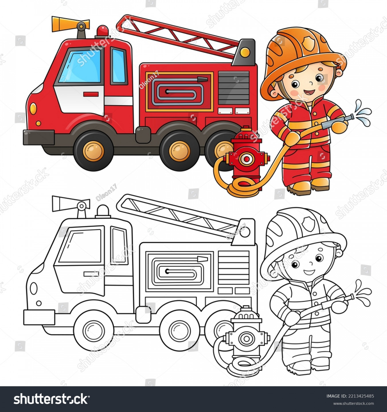 Farbseite Umriss von Cartoon Feuerwehrwagen mit: Stock