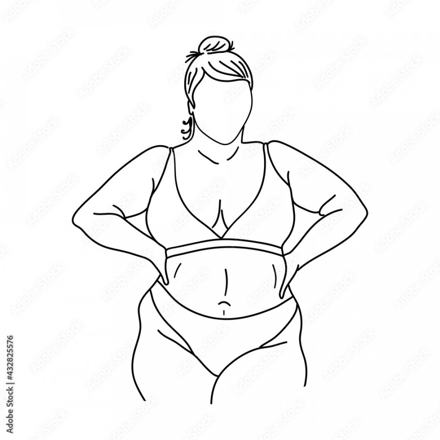 Fat woman in bikini or underwear. Obese girl outline sketch