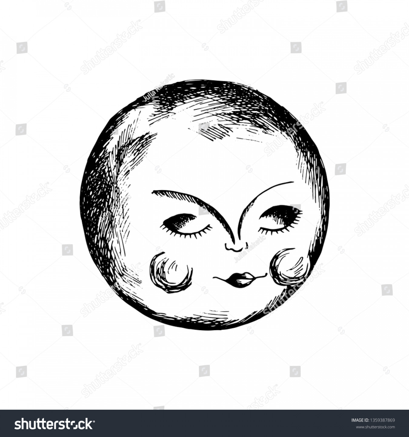 Full Moon Face Sketch Medieval Engraving: Stock-Vektorgrafik