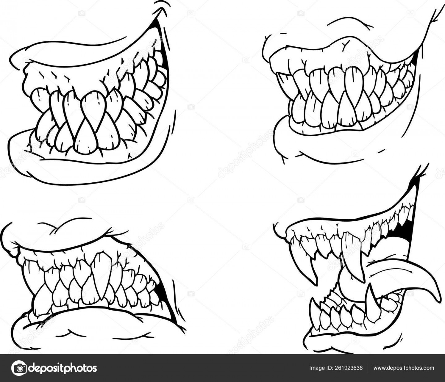 Hand Drawing Set Black White Scary Halloween Jaws Canines Teeth