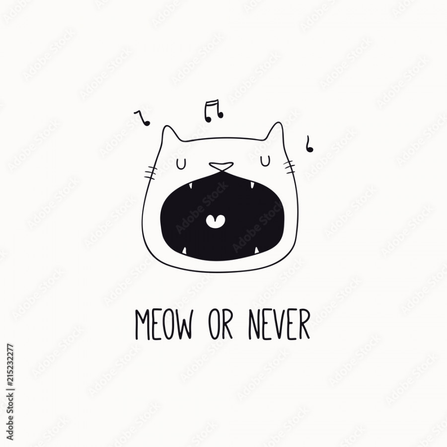 Hand drawn black and white vector illustration of a cute funny cat