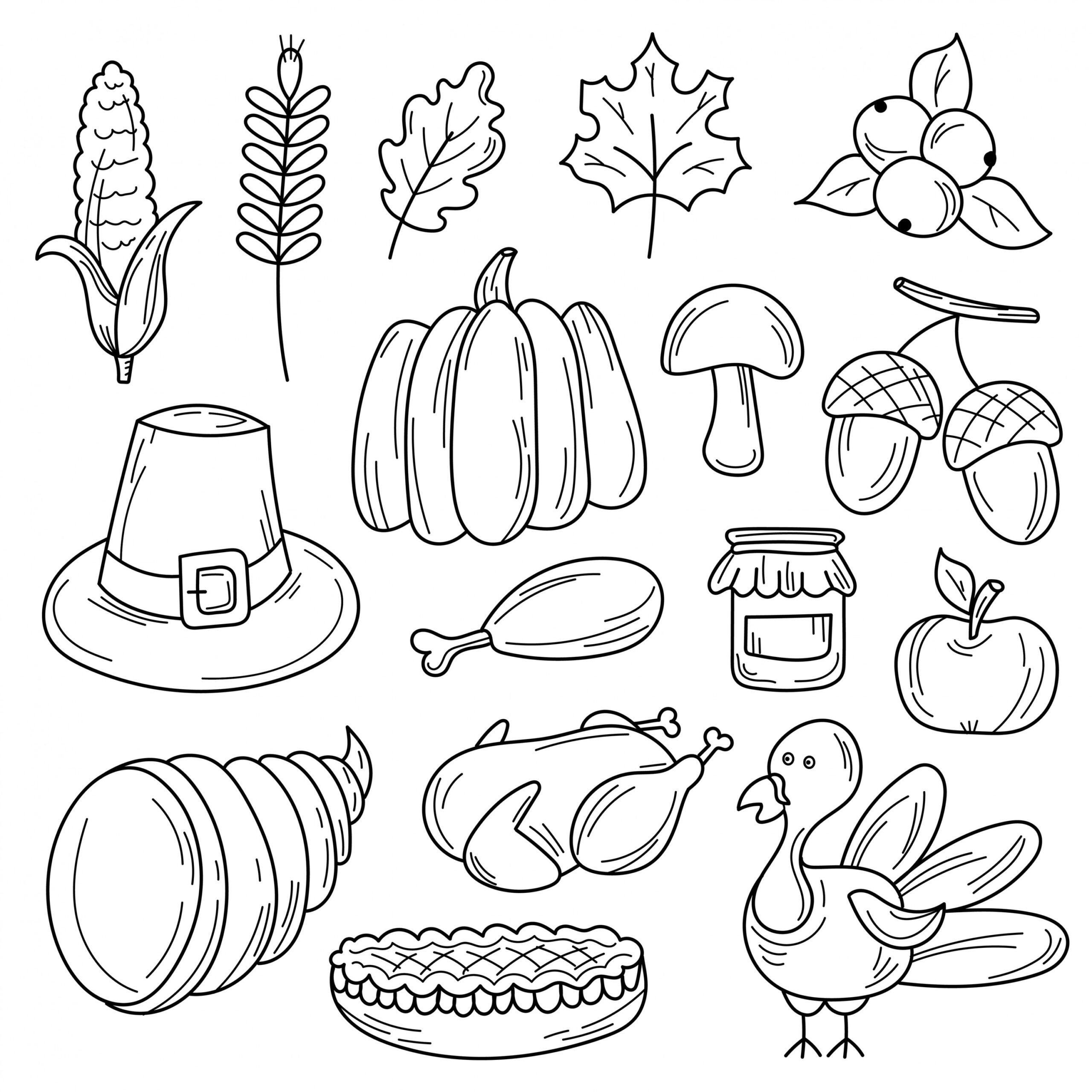 Hand drawn cartoon set of Thanksgiving autumn theme