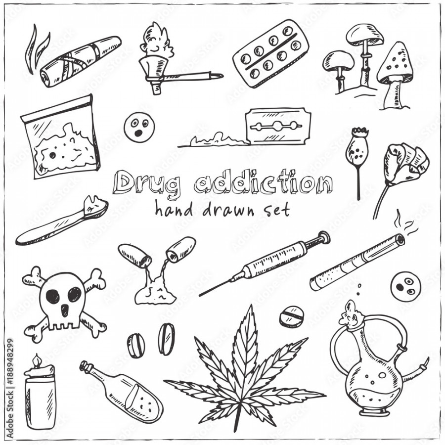 Hand drawn doodle drug addiction set