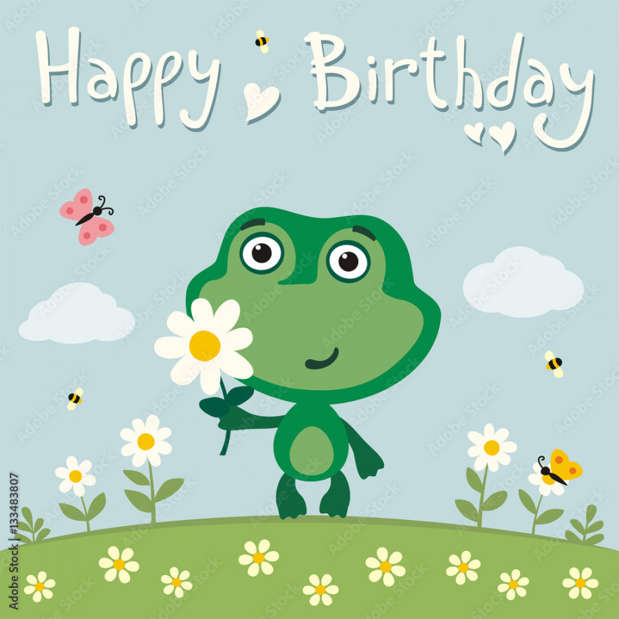 Happy birthday! Cute frog with flower on meadow