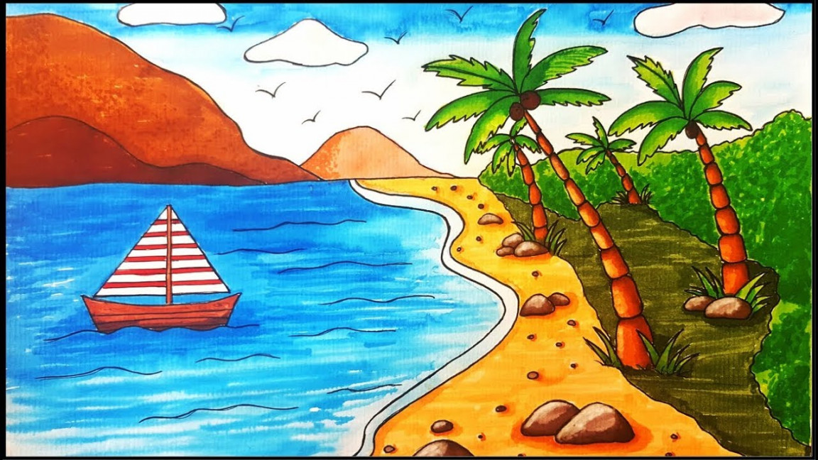 How to Draw A Beach Scenery for Beginners  Step By Step