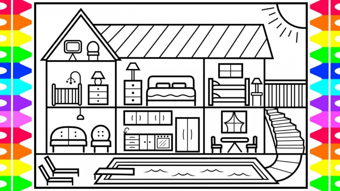 How to Draw a Big House with a Swimming Pool 💙Big House with a Swimming  Pool Coloring Page