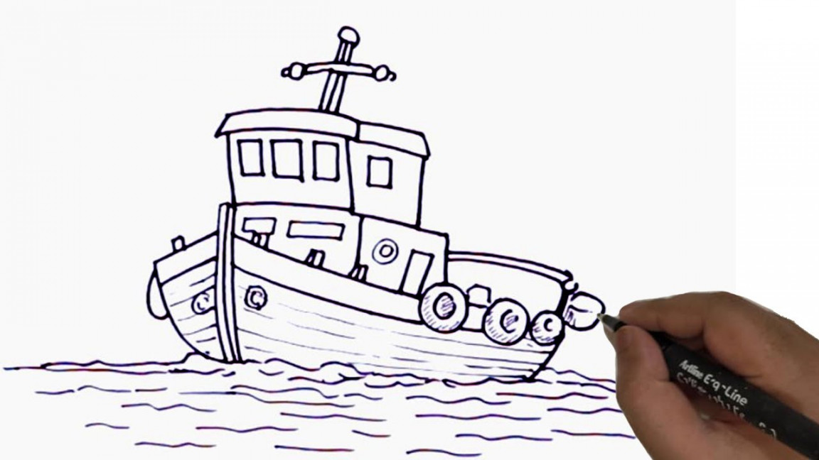 How to draw a fishing boat easy.  Easy Fishing Boat Drawing Lesson.