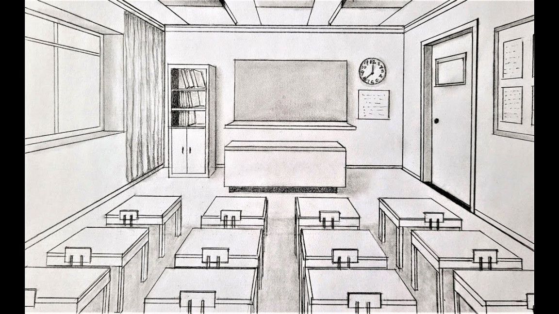 How to draw a room in one point perspective, a classroom