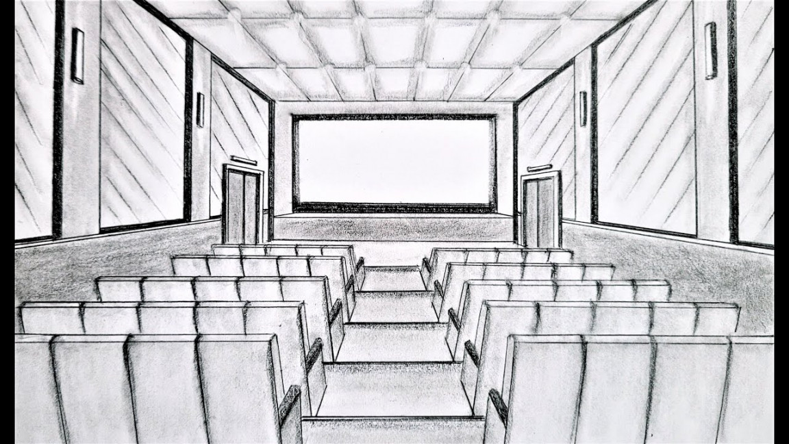 How to draw a room in one point perspective, a movie theater, step by step