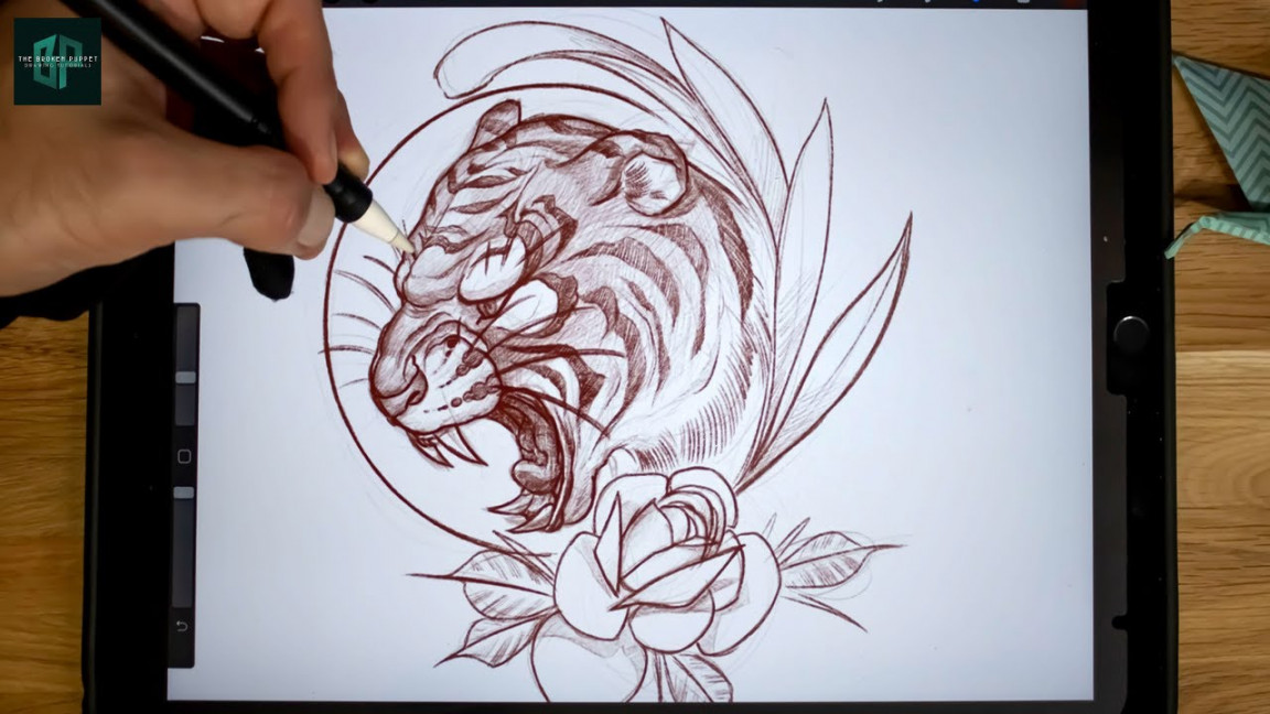 How to draw a Tattoo Design from Beginning to End  Neo Traditional Tiger  Sketch