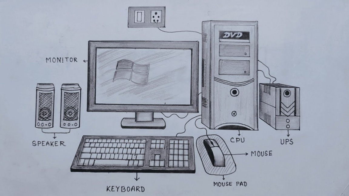 How to draw desktop computer step by step very easy method/Computer parts  drawing