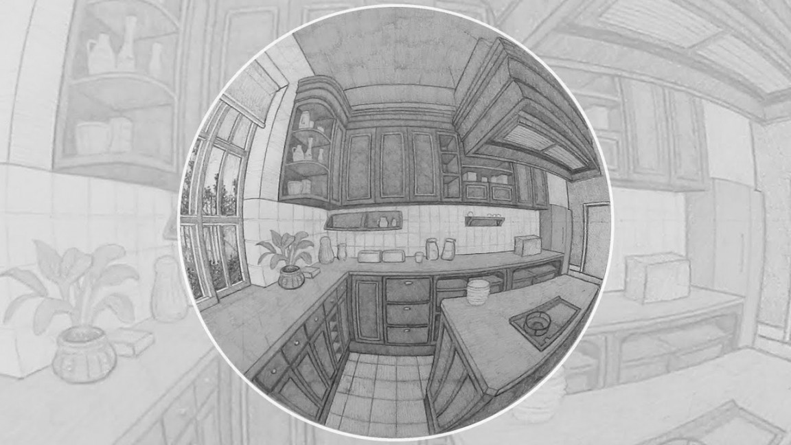 How To Draw In  Point Perspective (FISH EYE) - Interior View Drawing  Tutorial