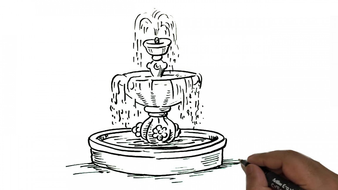 How to draw Old Fountain. How to draw a Garden Fountain. Fountain Line  Drawing. Water Fountain art.