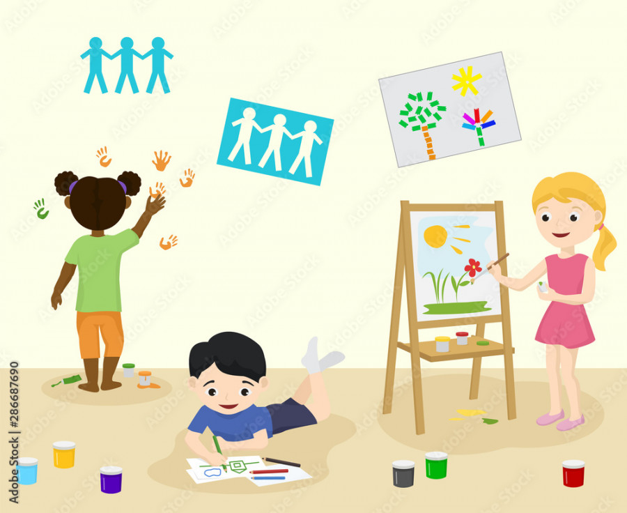 Kids in kindergarden draw and paint in art class vector