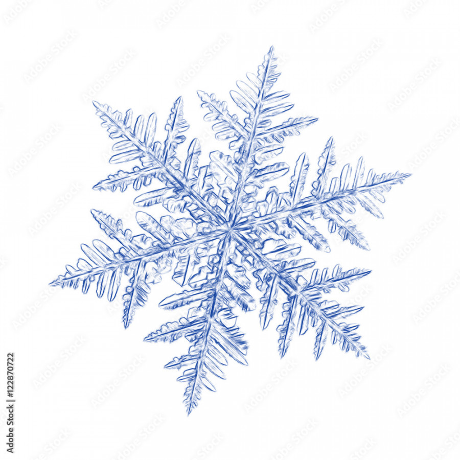 Pencil drawing: blue snowflake on white background