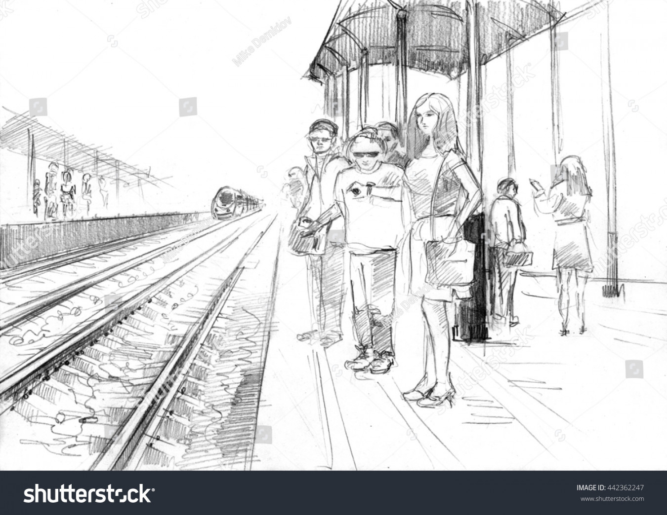 Pencil Drawing Railway Station Passengers Waiting