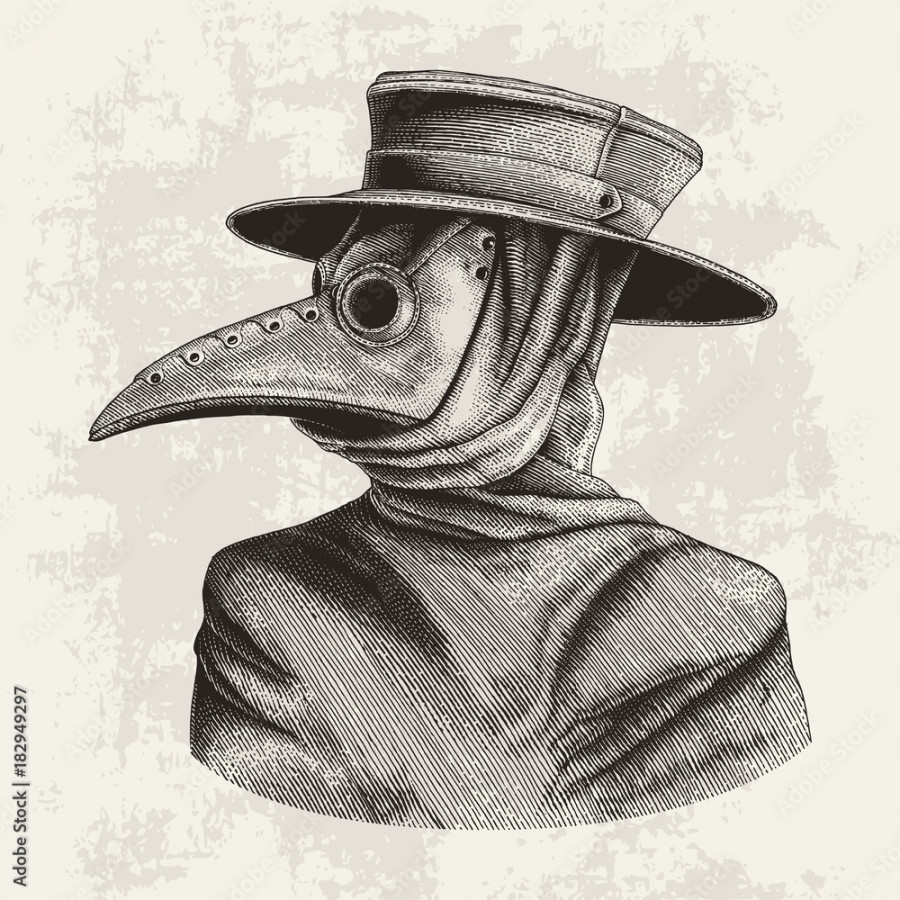 Plague doctor hand drawing vintage engraving isolate on grunge