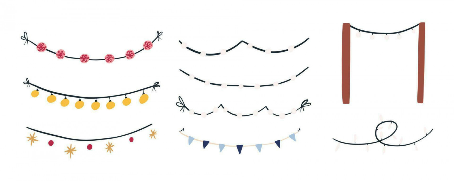 Set of cute fairy lights and garlands, cute flat vector