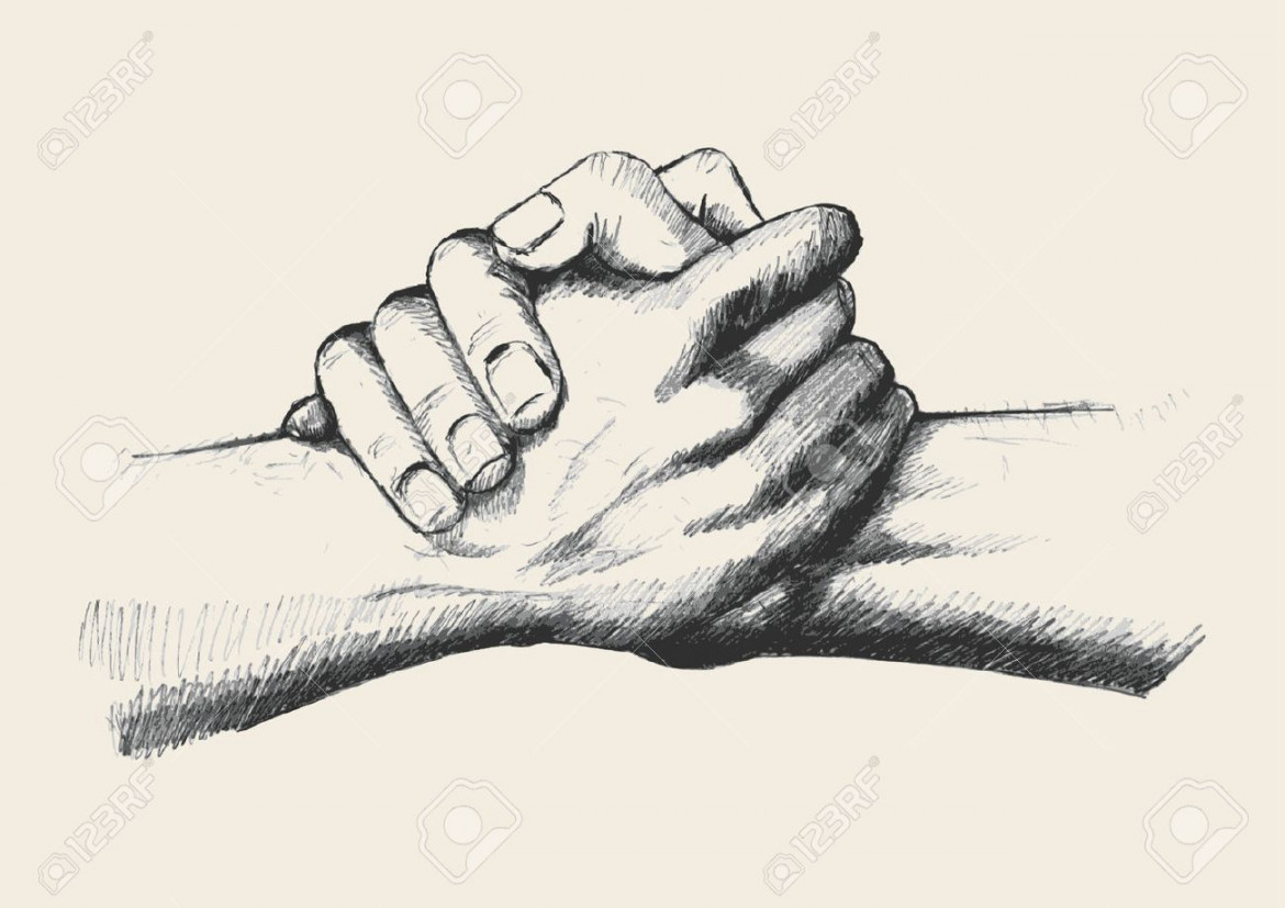 Sketch illustration of two hands holding each other strongly Stock