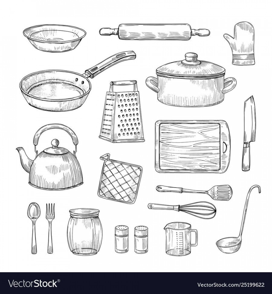 Sketch kitchen tools cooking utensils hand drawn vector image on