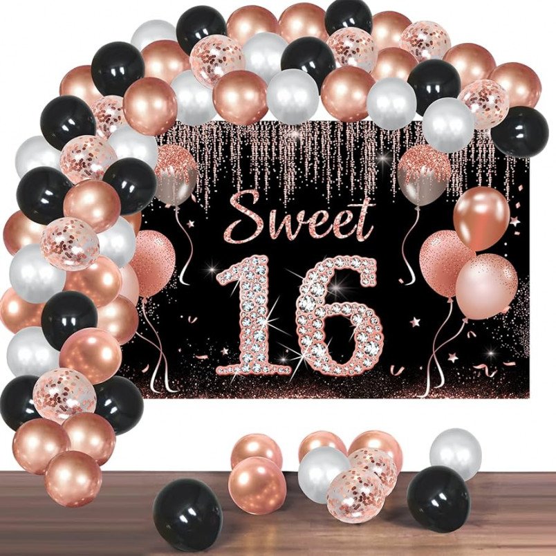 Sweet th Birthday Banner Decorations with Confetti Balloon Arch Garland,  Rose Gold Happy  Birthday Backdrop Balloon Kit Party Supplies for Girls,