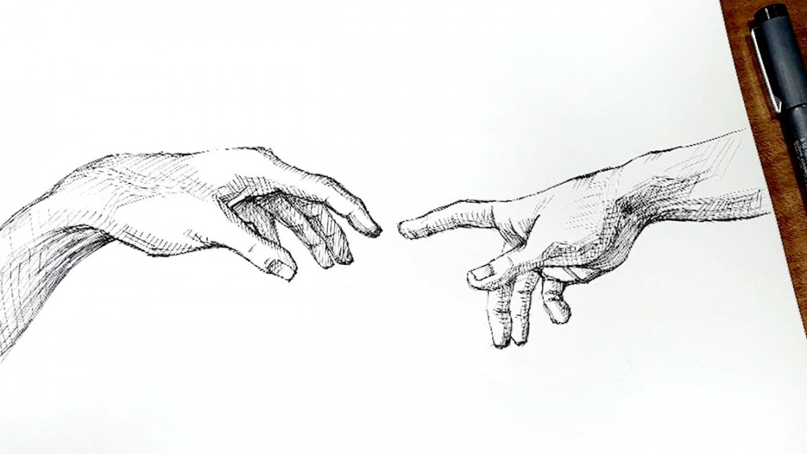 The Creation of Adam hands - pen drawing sounds ASMR - sketch step by step