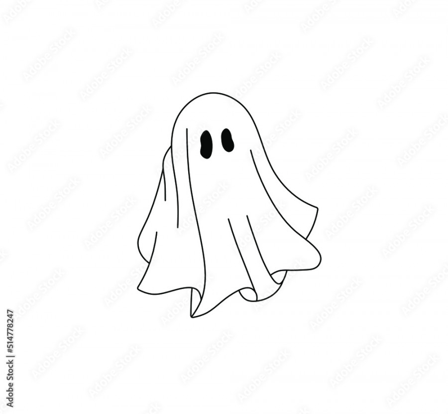 Vector isolated cute cartoon ghost under the sheet contour line