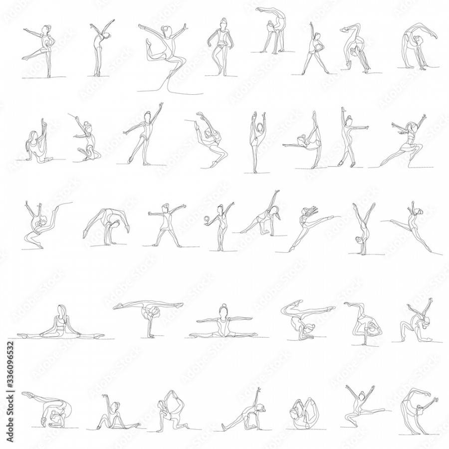 vector, isolated, drawing, one line girl gymnastics, stretching