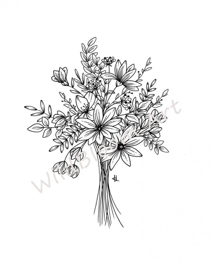 Wildflower Bouquet Line Drawing Hand Drawn Florals - Etsy Canada