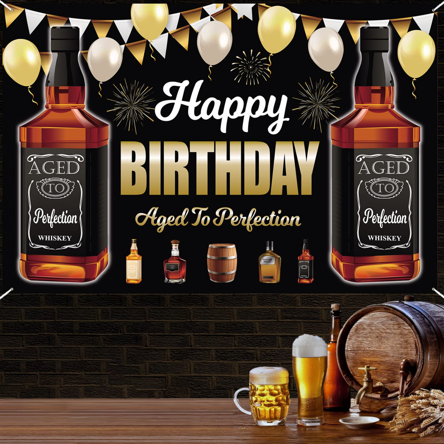 xft Happy Birthday Whiskey Party Decorations Banner Black Sign - Aged to  Perfection Anniversary Photo Booth Backdrop Party Supplies for Women Men