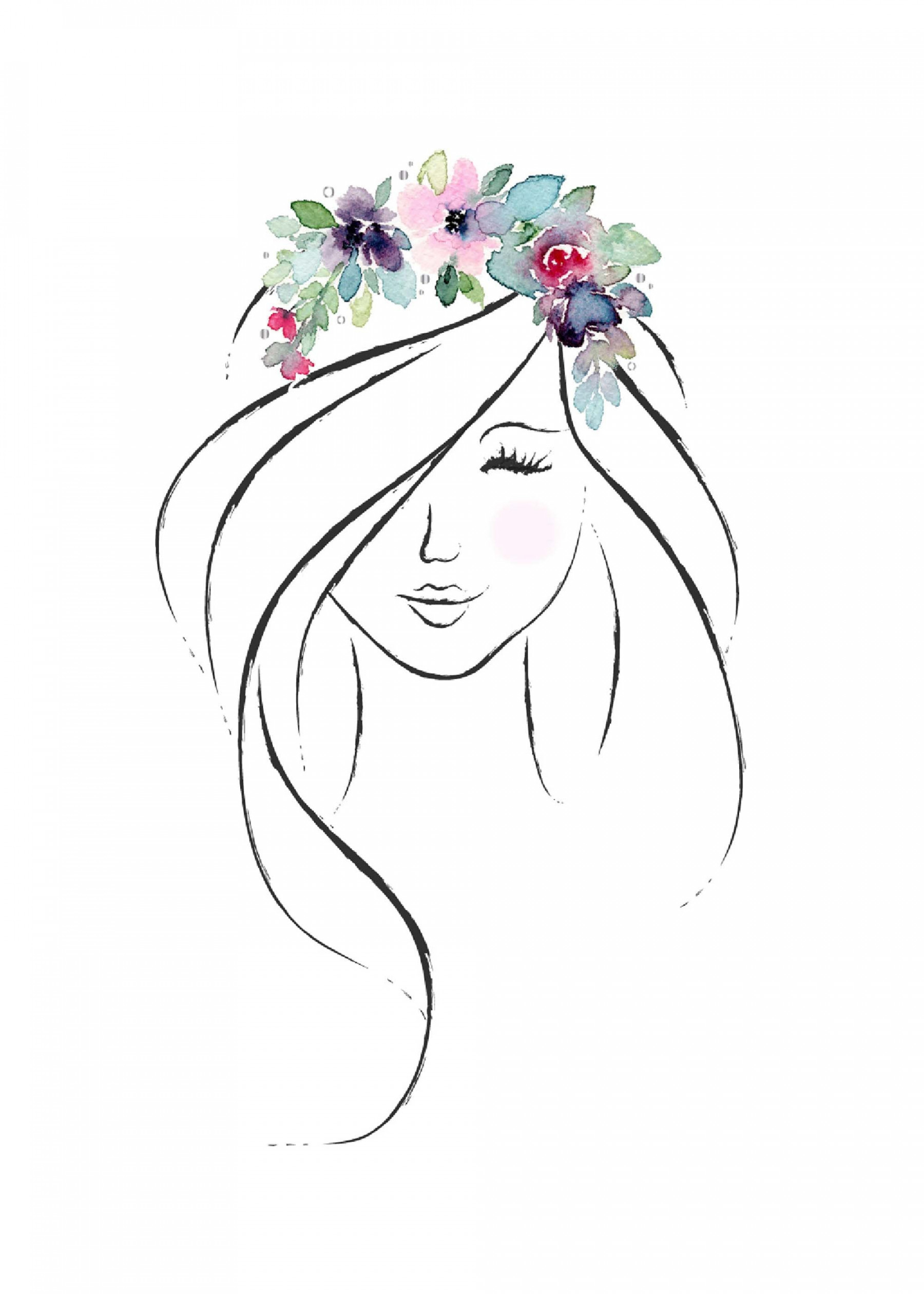 Young Girl Flower Crown Art Print, Boho Minimalist Female Line