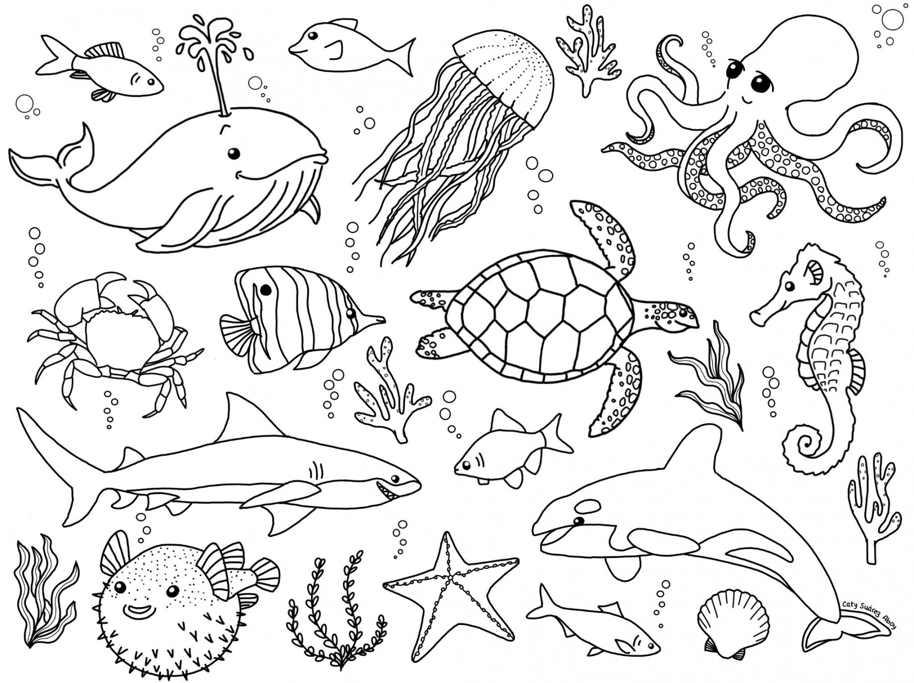 Aquatic animals pattern black and white kids drawing  Sea animals