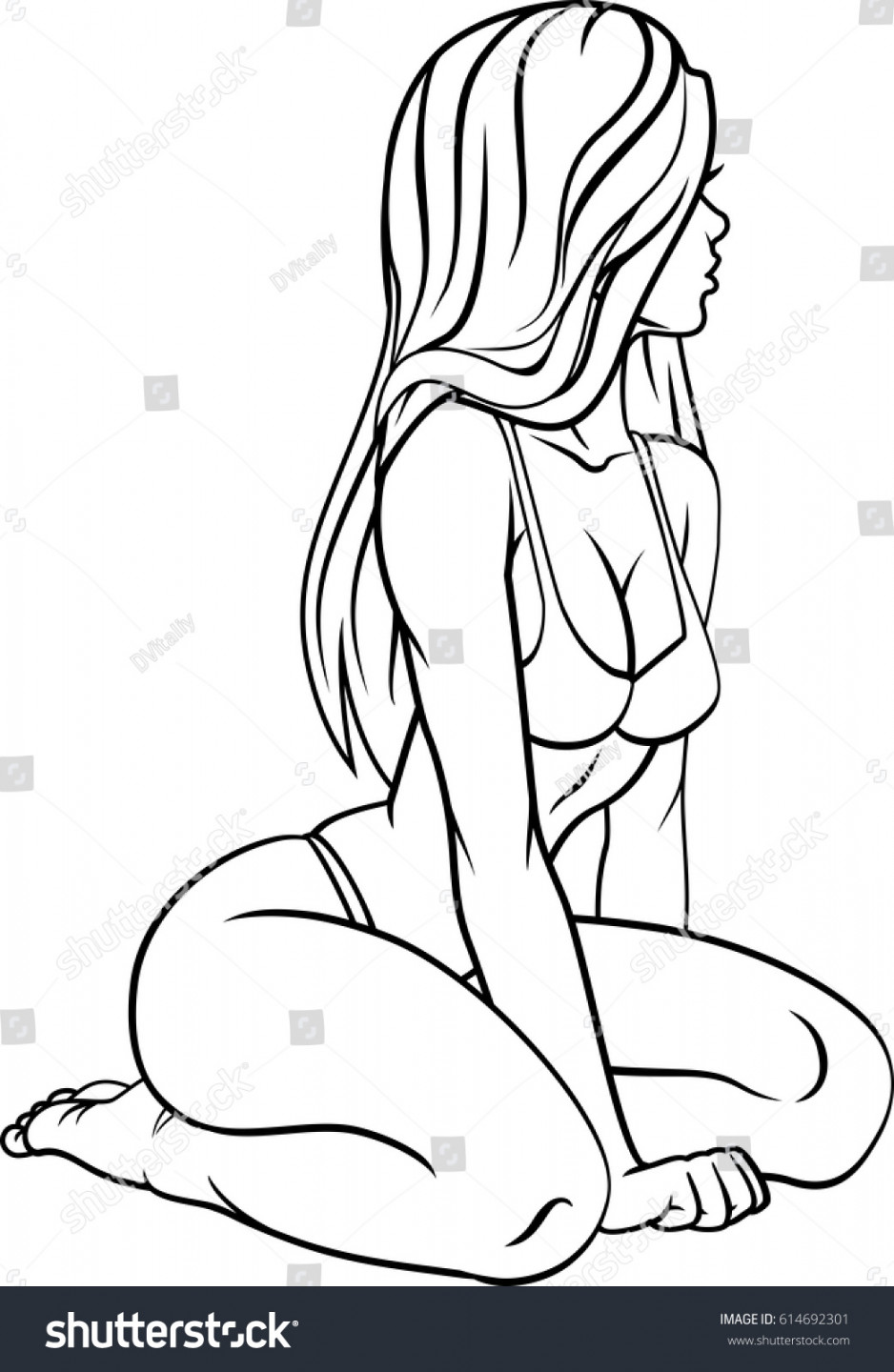 Beautiful Girl Bikini Black White Drawing: Stock-Vektorgrafik