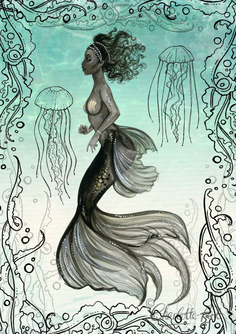 Black Mermaid A Size Wall Art Print Nautical Bathroom - Etsy