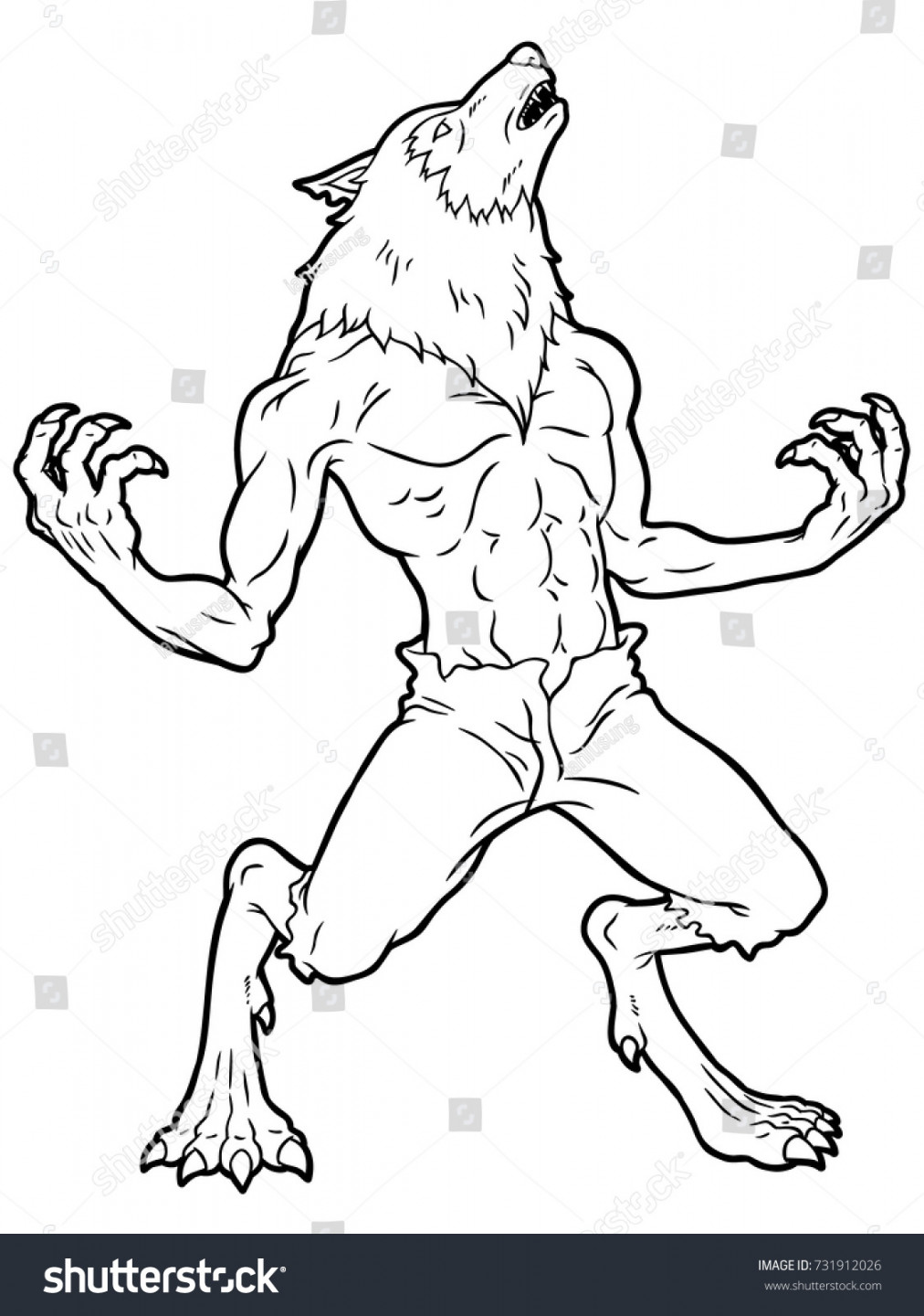 Cartoon Werewolf Howling Line Art Stock Vector (Royalty Free