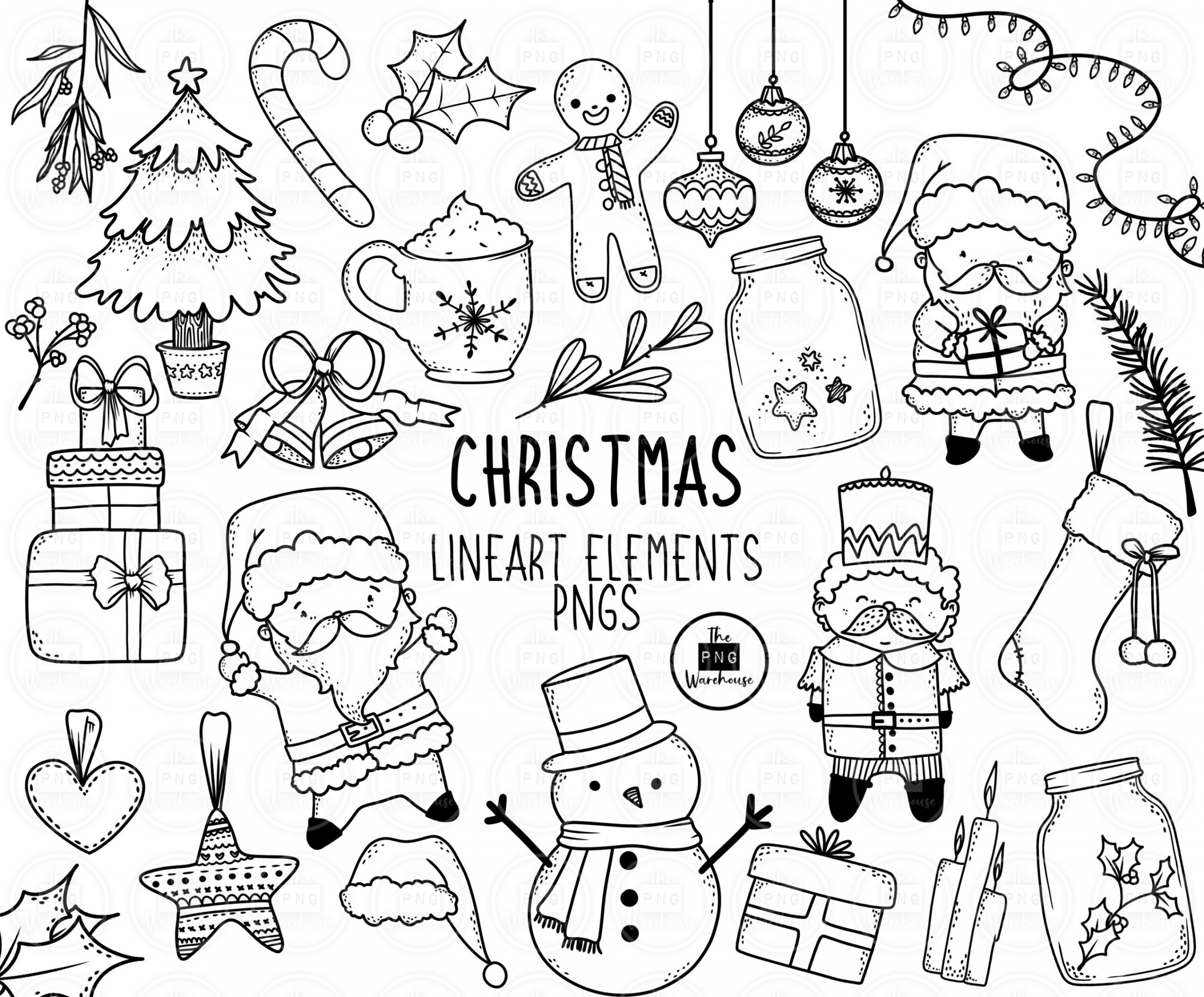 CHRISTMAS Lineart Elements -  png Clip Art Designs - sofortiger Download   dpi Line Art nicht gefüllt handgezeichnete Elemente doodles schwarz