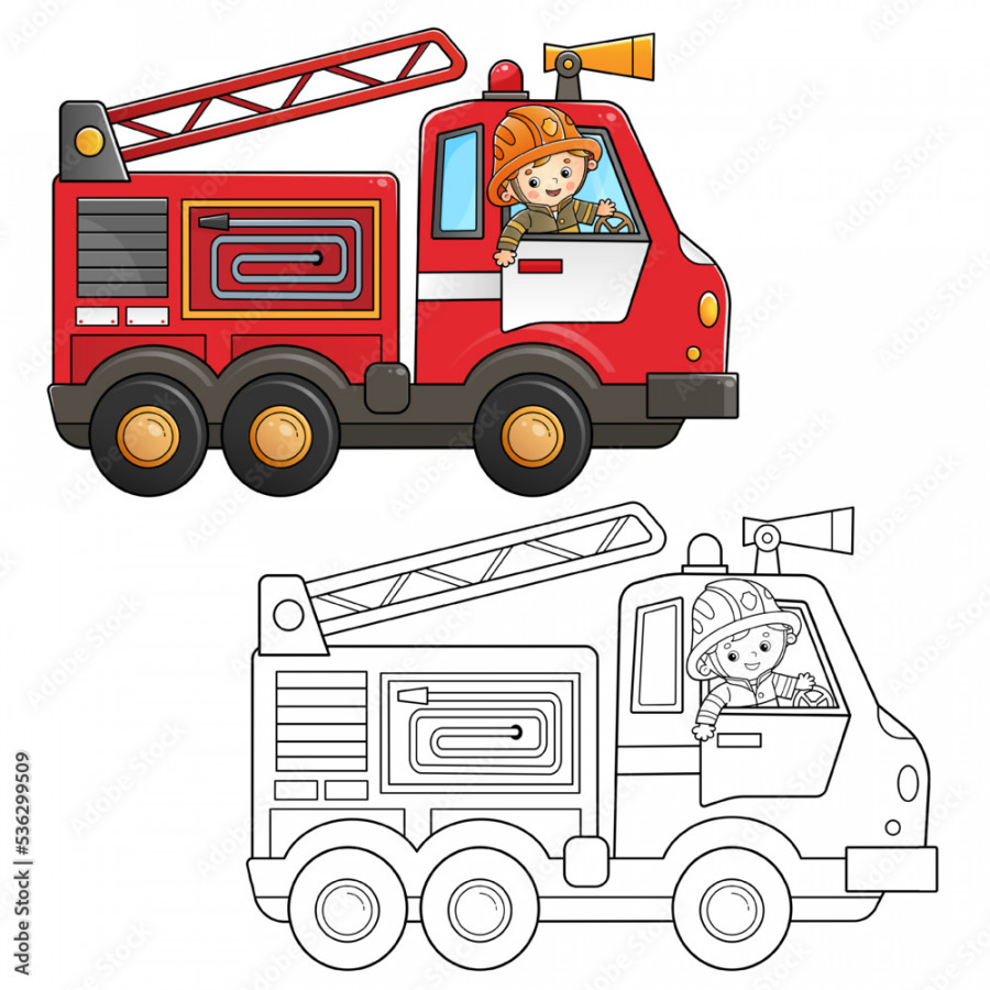 Coloring Page Outline Of cartoon fire truck with fireman or